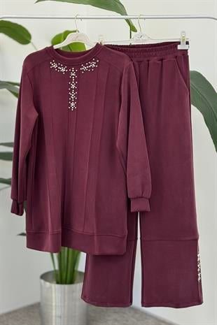 Yaka ve Paça Boncuk Detaylı Pantolonlu Takım 3048 - Mürdüm