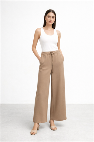 Sentez 5655 jessica Kapak Cepli Geniş Paça Pantolon - Vizon