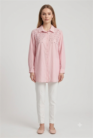Omuzu Boncuk Detaylı Tunik 10794 - Pembe