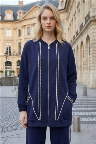 Dikiş Detaylı Pantololonlu Takım 14526 F.Navy
