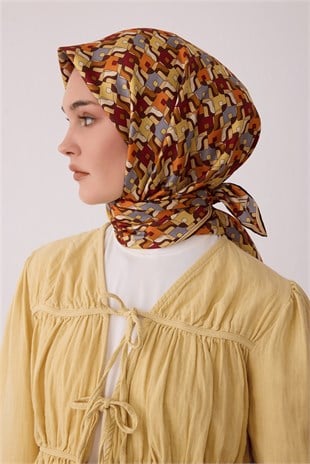 Belli 4402 Prizma Kafes Geometrik %100 Twill İpek Eşarp Kahve