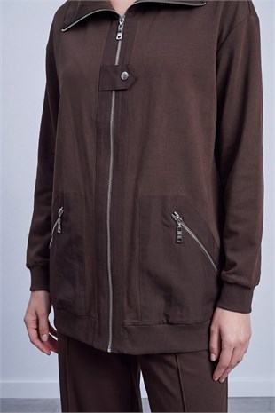 Ön Pat Detaylı Fermuarlı Pantolonlu Takım 14523 Browni