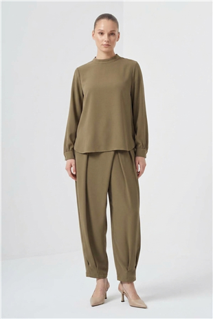 Nuss 1071 Pile Detay Pantolonlu Takım Olive