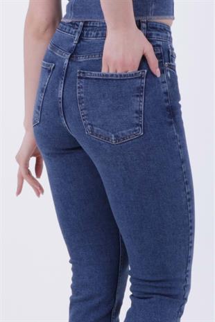 Dikişsiz Paça Yüksek Bel Mom Fit Kot Pantolon  Melbourne 764 - Dark Blue
