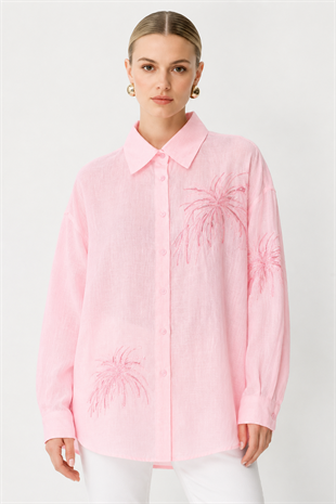 Fuat Gürşen 5386 Nakış Palmiye İşlemeli Keten Tunik - Pembe