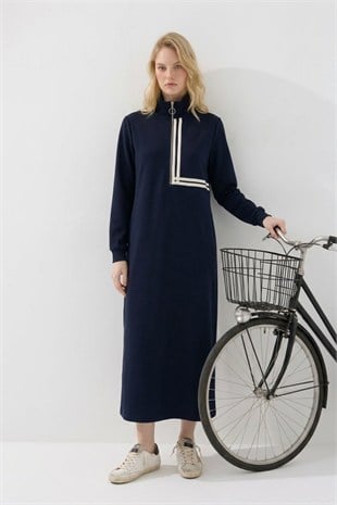 Şerit Geçişli Elbise 12732 F.Navy
