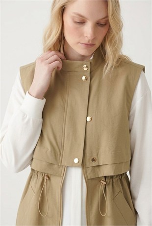 Ön Yarım Pat Detay Yelek 11284 Camel
