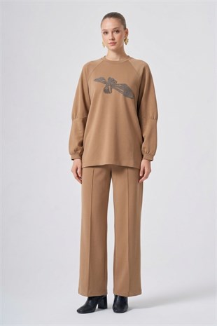 Nuss 1077 Çiçeği Boncuk İşlemeli Pantolonlu Takım Camel