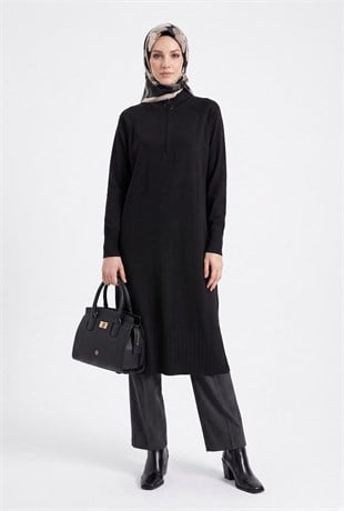 Armine Trend 26KAD405 Fermuar Detaylı Etek Ucu Bölmeli Tunik Siyah
