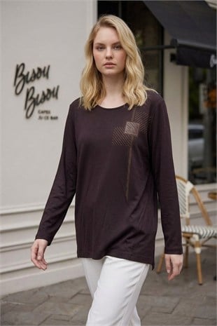 Bir Yanı Taş Baskılı Anne Bluzu 27129 Kahve