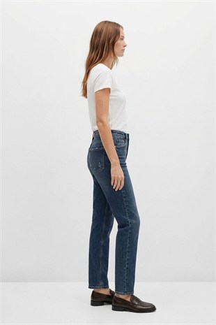 Dikişsiz Paça Mom Fit Kot Pantolon 764 Koyu Mavi Kot