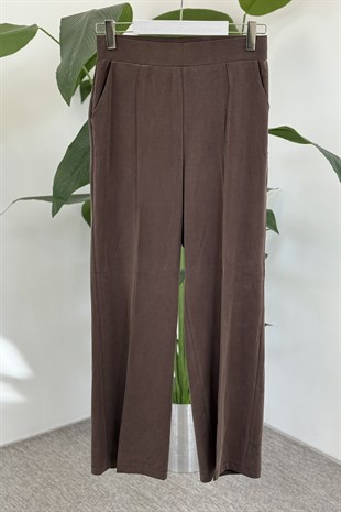 Önü Çimalı Bol Paça Pantolon X-276 - Kahve