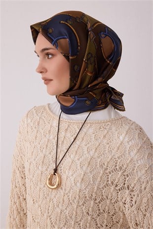 Belli 4400 Mozaik Ritim Geometrik %100 Twill İpek Eşarp - Kahve Eşarp BELLI 