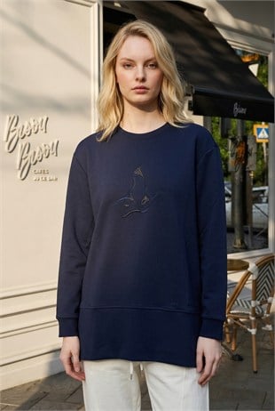 Kuş Baskılı Tunik 1000 Lacivert Tunik QİMENE 