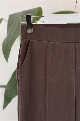 Önü Çimalı Bol Paça Pantolon X-276 - Kahve