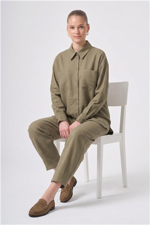 Nuss 1092 Çift Cep Detay Kendinden Desenli Takım Olive