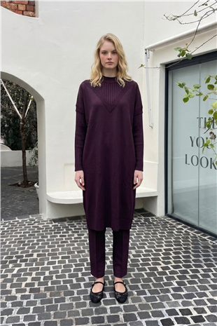 Ön V Detay Uzun Tunik 35326 Mürdüm Tunik Miss Knit 