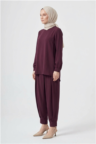 Nuss 1071 Pile Detay Pantolonlu Takım Mürdüm