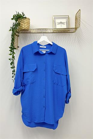 HADİSE Çift Kapak Cepli Gömlek 2140 - Mavi  Bluz & Gömlek
