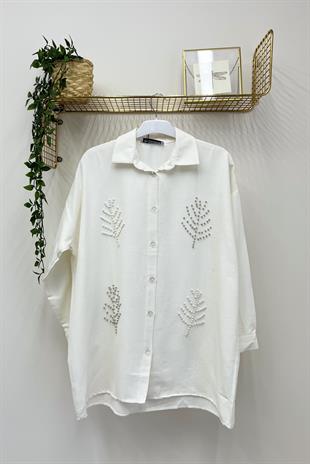HADİSE İnci Yaprak Desenli Gömlek 8165 - Bej  Bluz & Gömlek