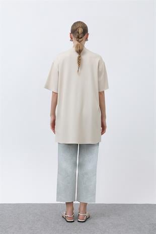 Kısa Kol Basic Uzun T-shirt 40009 - Bej