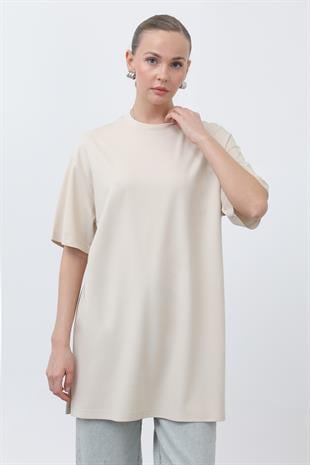 Kısa Kol Basic Uzun T-shirt 40009 - Bej