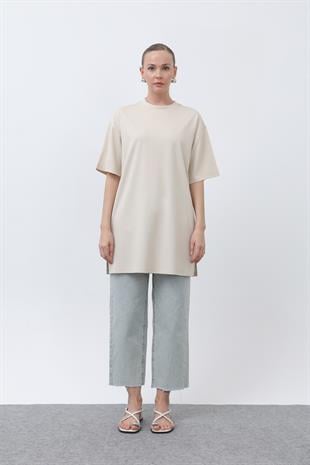 Kısa Kol Basic Uzun T-shirt 40009 - Bej