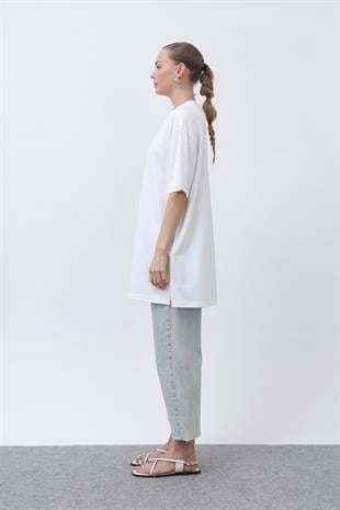 Kısa Kol Basic Uzun T-shirt 40009 - Ekru