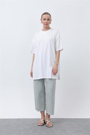 Kısa Kol Basic Uzun T-shirt 40009 - Ekru
