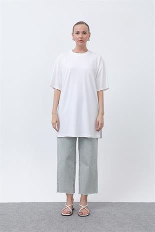 Kısa Kol Basic Uzun T-shirt 40009 - Ekru