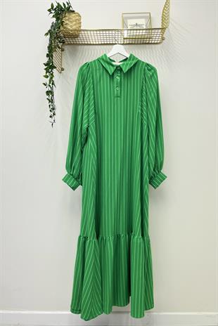 MAXMU Çizgili Gömlek Yaka Uzun Elbise 1027 - Yeşil Çizgili Gömlek Yaka Uzun Elbise 1027 - Yeşil - Bilen Giyim Elbise