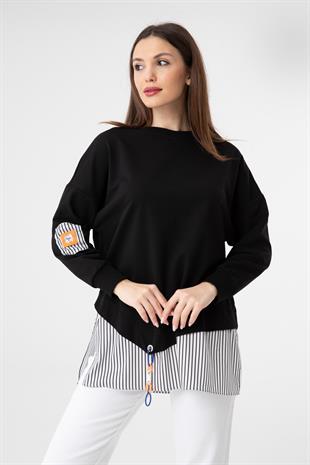 PUANE Eteği Çizgili Gömlek Detay Tunik 10237 - Siyah  Tunik