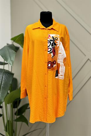 PUANE Saten Kumaş Detaylı Gömlek Tunik 10503 - Oranj  Tunik 