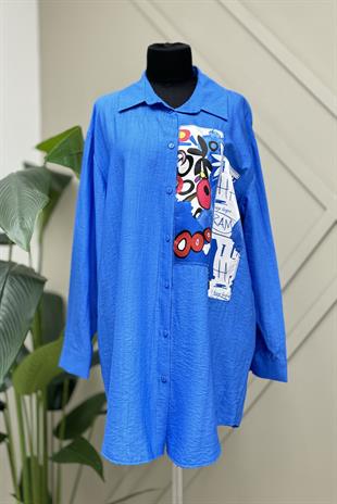 PUANE Saten Kumaş Detaylı Gömlek Tunik 10503 - Mavi  Tunik 