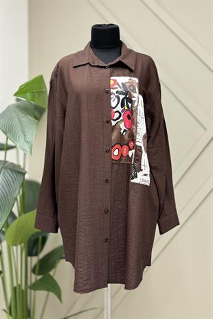 PUANE Saten Kumaş Detaylı Gömlek Tunik 10503 - Browni  Tunik 