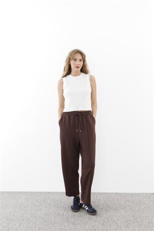 Sentez 5554-1 Önden Parçalı Havuç Bambu Pantolon - Kahve