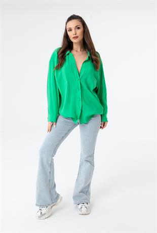 SOUL V Yaka Yarım Düğmeli Pamuk Gömlek 31070 - Yeşil  Bluz & Gömlek