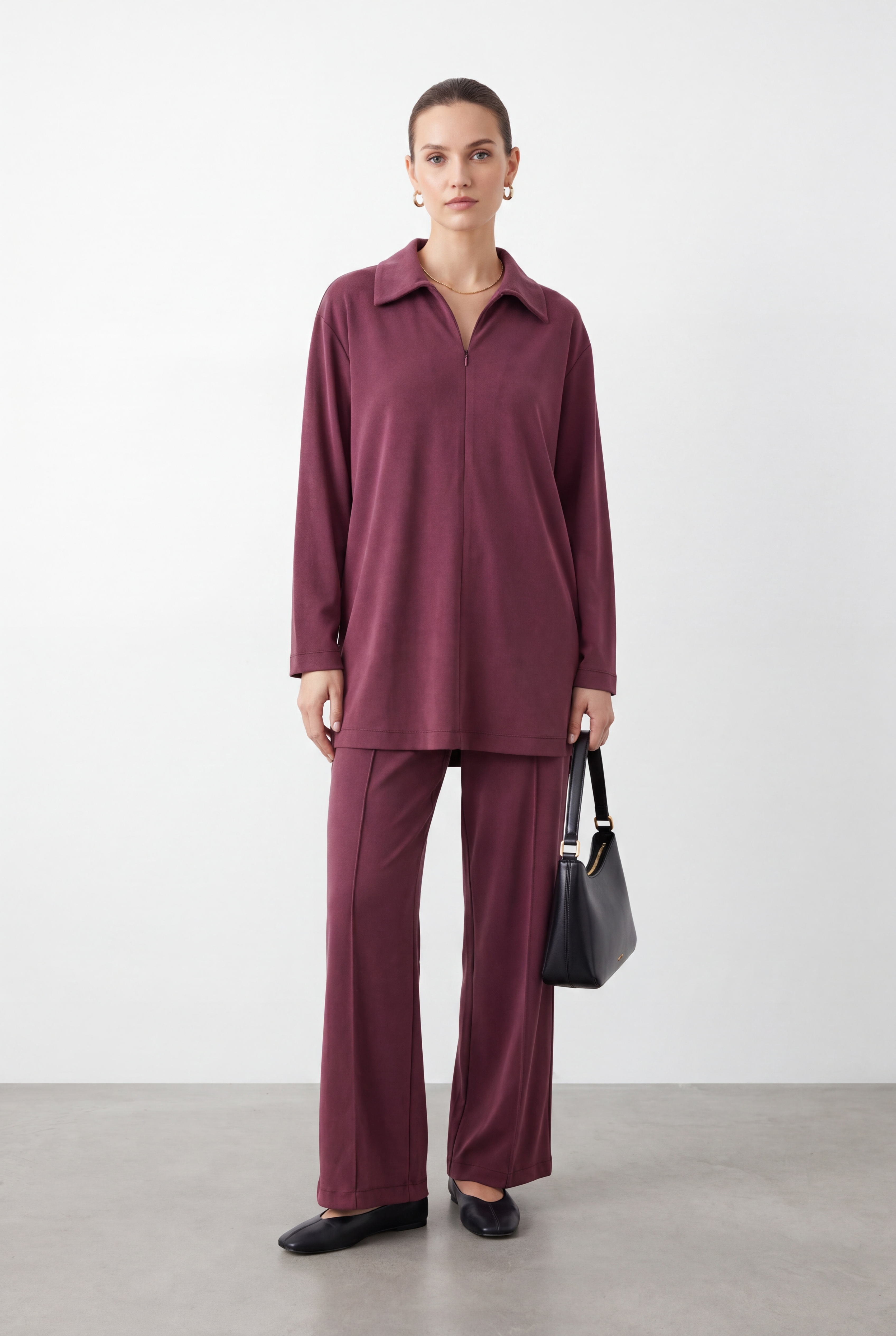 Gömlek Yaka Fermuar Detay Pantolonlu Takım 14445 - Burgundy