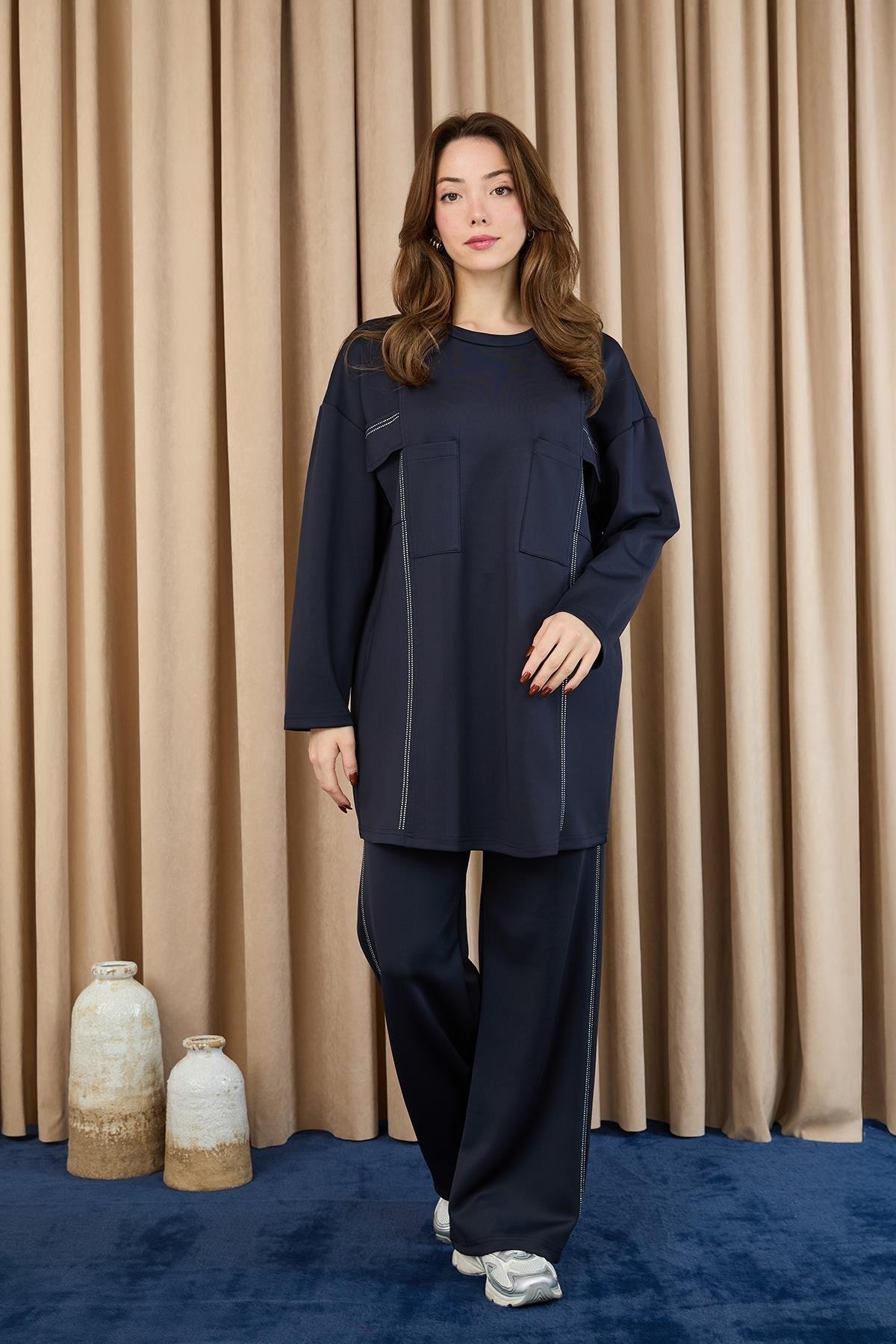 Taş Şerit Aksesuarlı Pantolonlu Takım 14379 - F.Navy