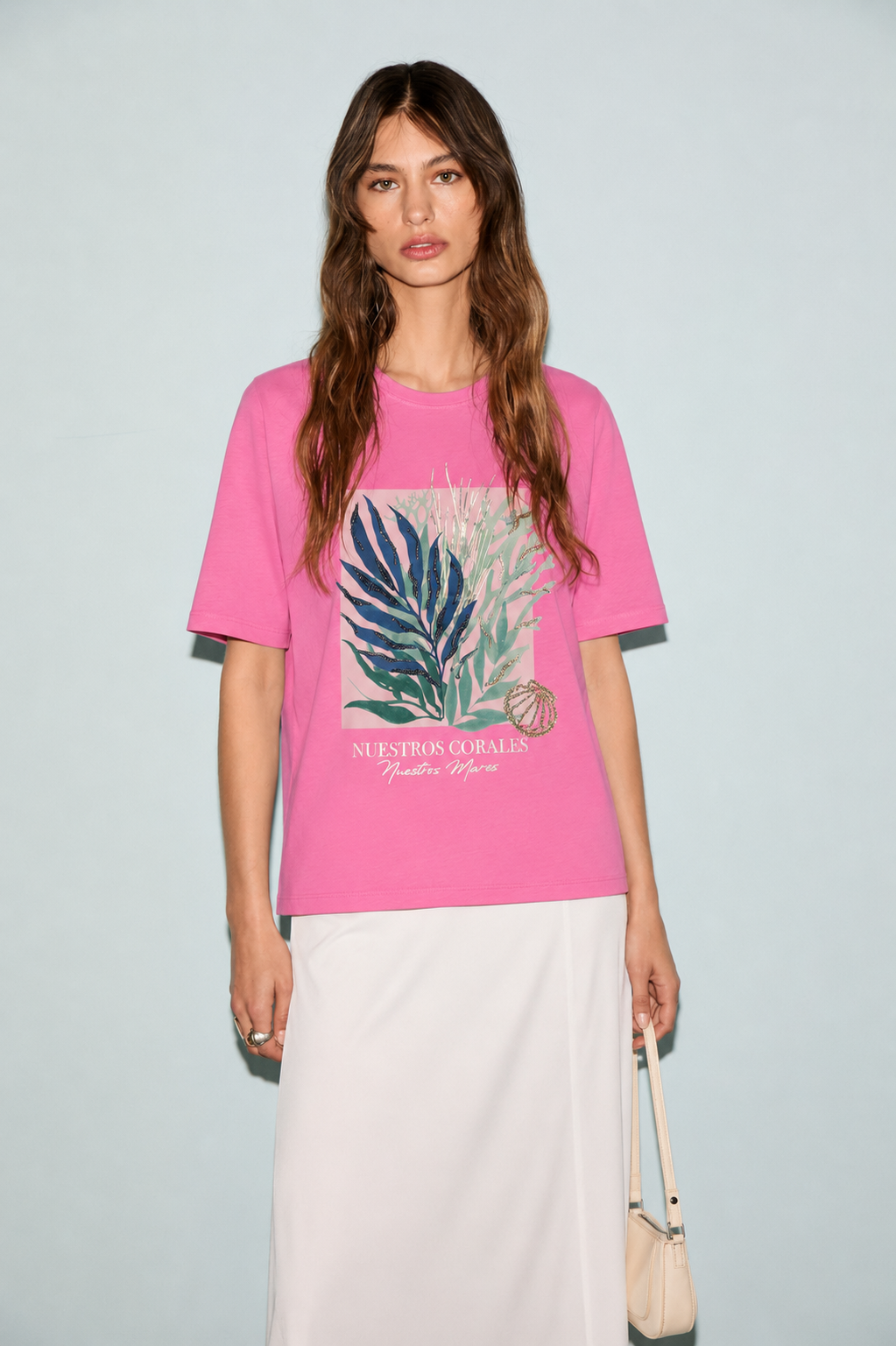 Yaprakları Payet İşlemeli Tshirt 3005 - Pembe