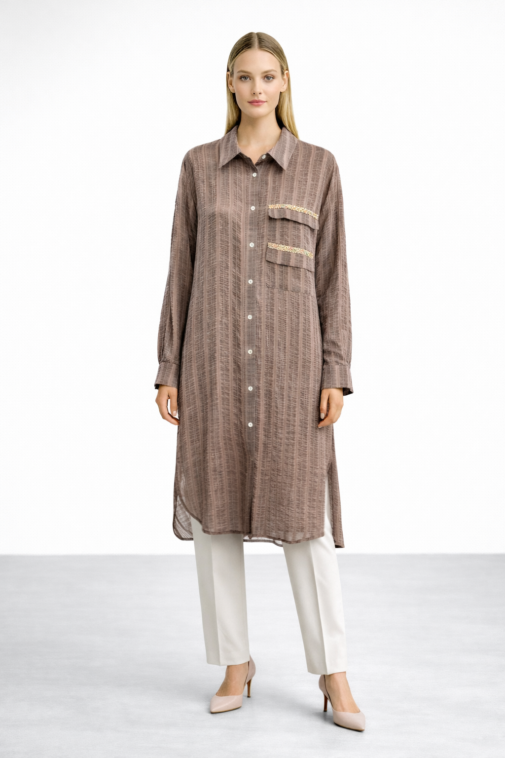 Ceremony 26Y159 Cebi I·şlemeli Önden Sedef Düğmeli Tunik - Kahverengi