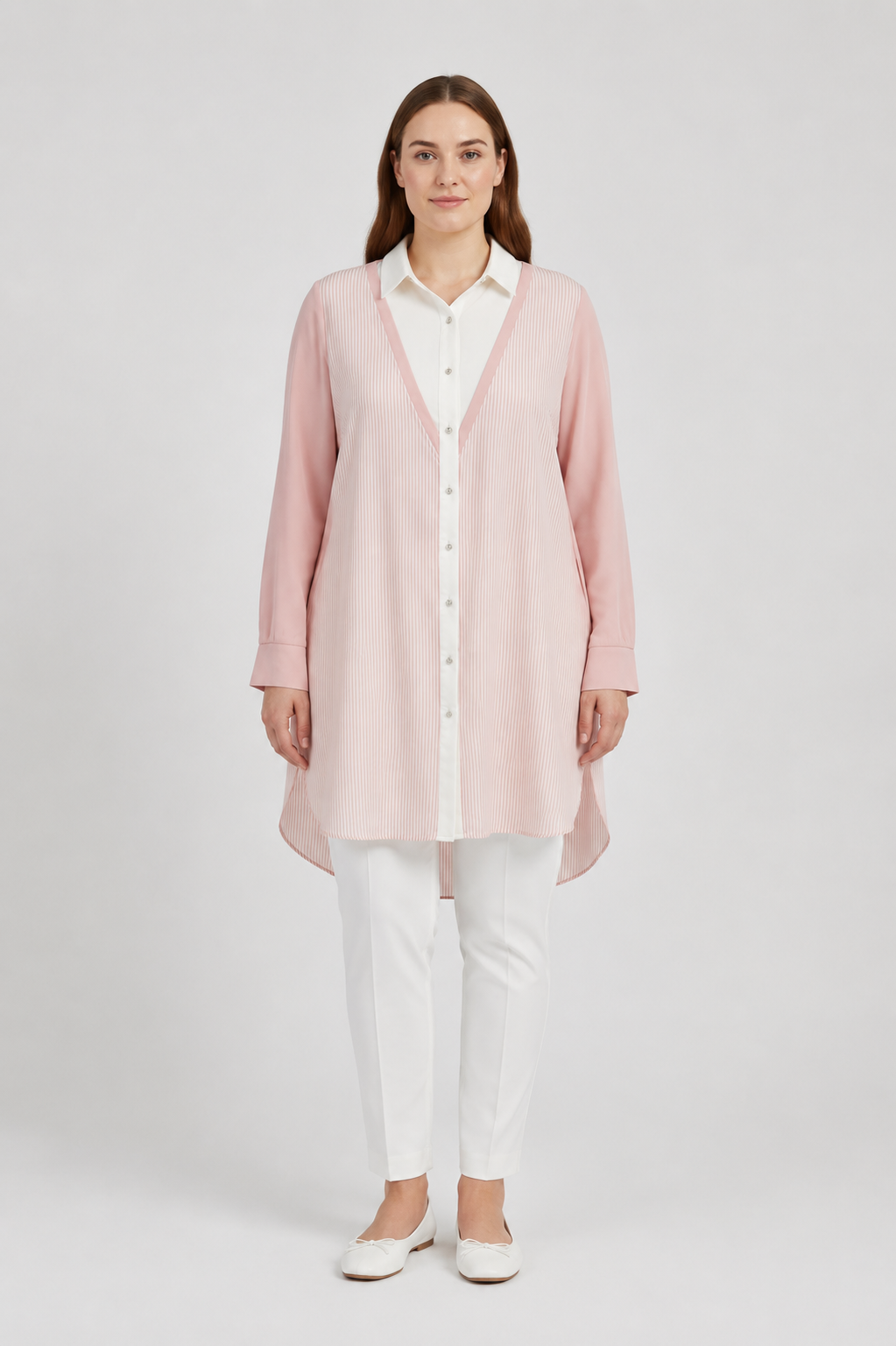 Fuat Gürşen 5380 Gömlek Yaka Çizgili Tunik - Pembe