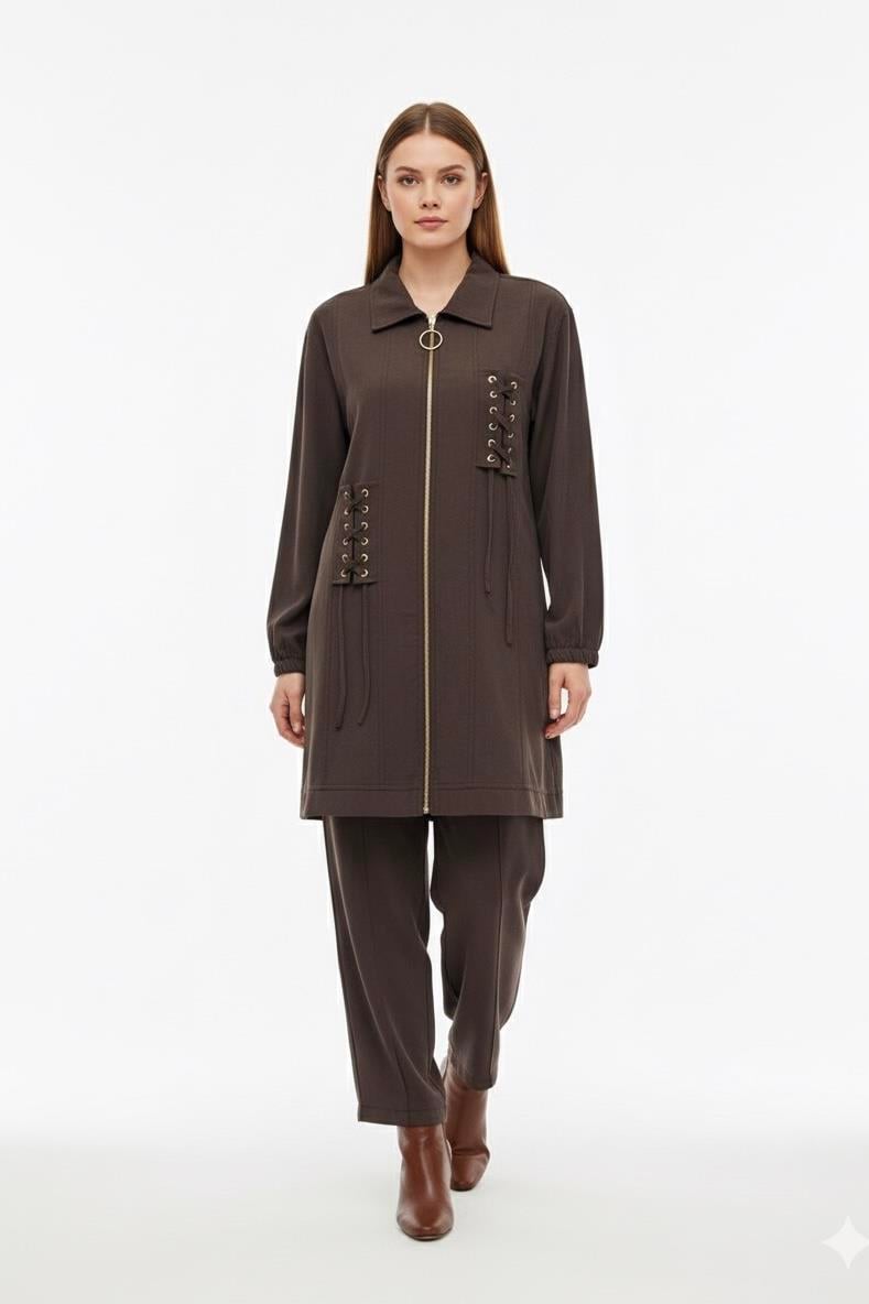 Bağcık Detaylı Pantolonlu Takım 1378 - Kahve