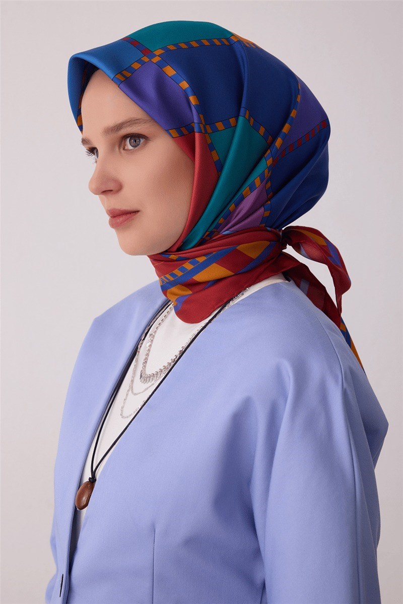 Belli 4419 Simetrik Mozaik Geometrik %100 Twill İpek Eşarp - Mor Eşarp BELLI 