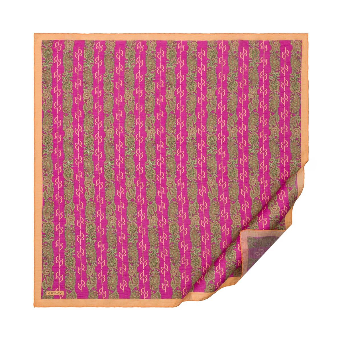 İpekevi 02217 Monogram Desenli Tensel Eşarp - Fuşya Bej