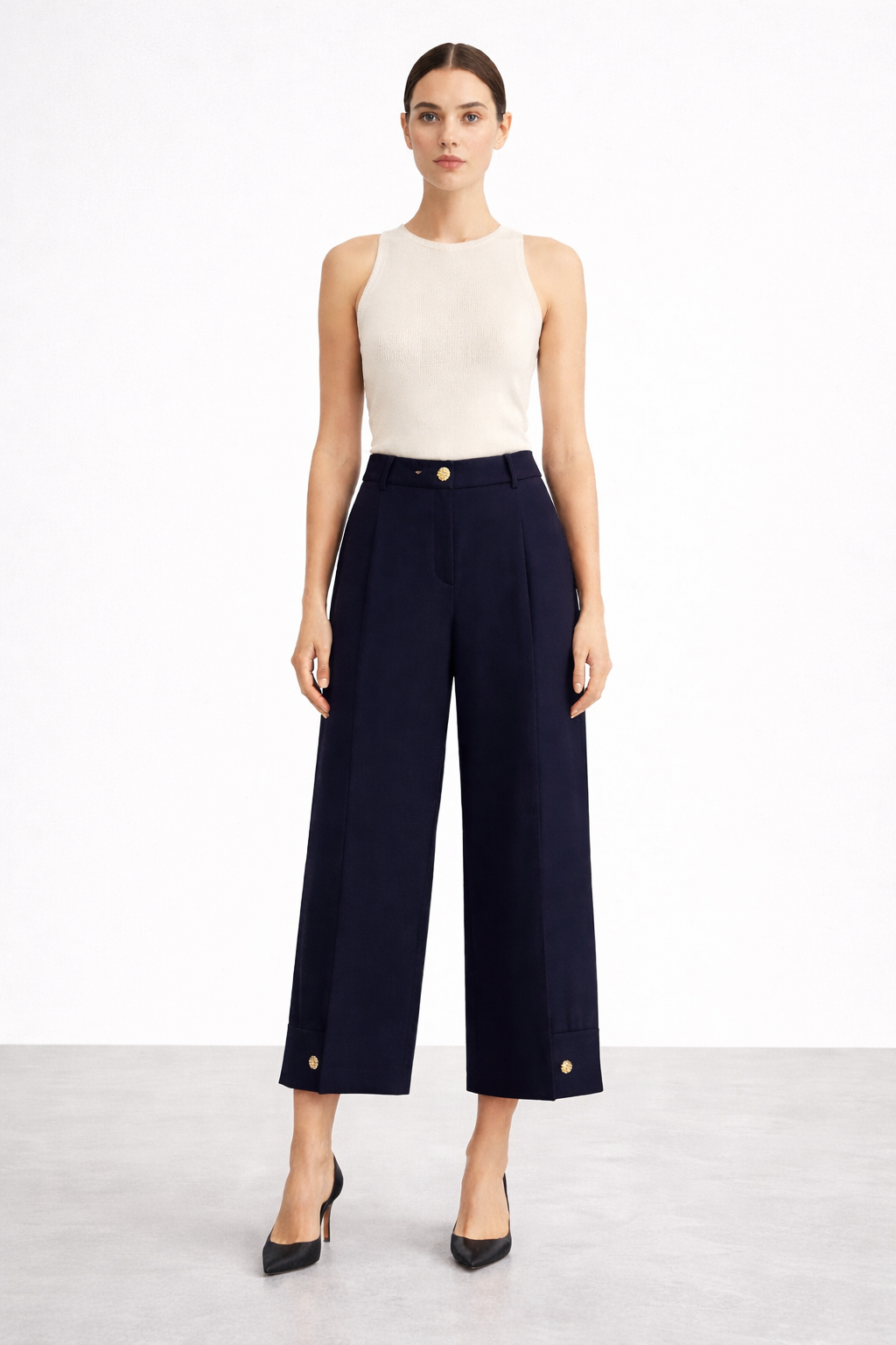 Sentez 5626 Venüs Paçası Pileli Düğmeli Pantolon - Lacivert