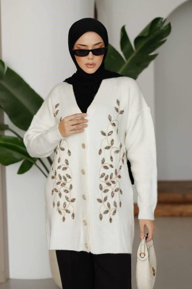 Şardonlu Boncuk Detaylı Hırka 7672 - Vanilya