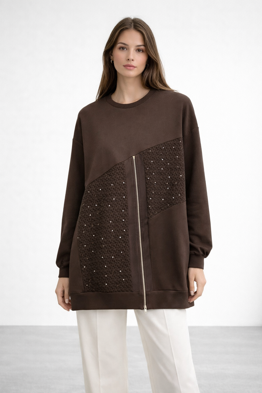 Fermuar Detaylı Taşlı Tunik 10769 - Browni