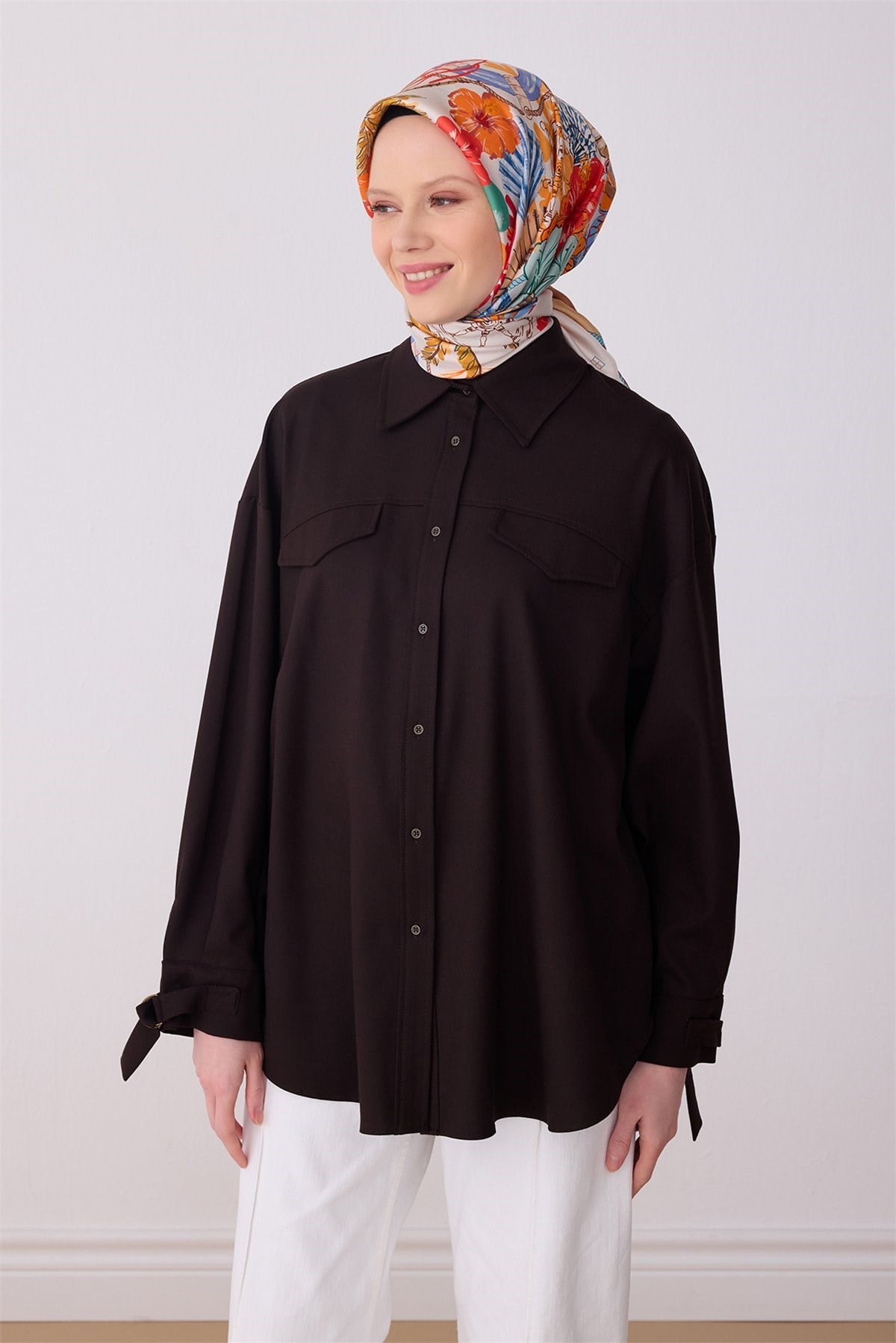 Belli Saf Twill İpek Eşarp 4324D (T) - Kahve