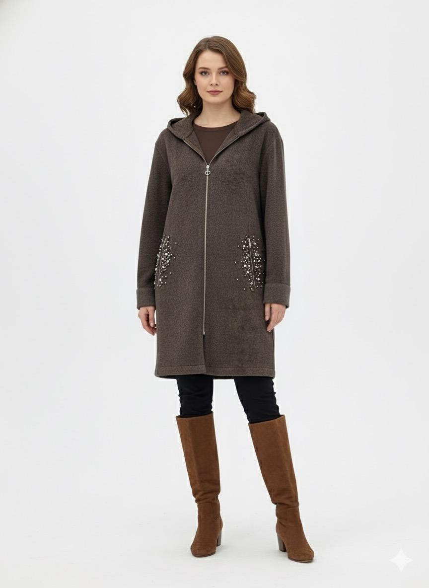 Jupe 9287 Cepleri Taş İşlemeli Kaban - Kahve